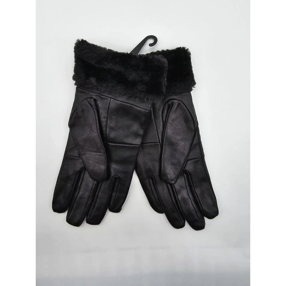 NYA Womens Black Genuine Leather Winter Gloves Faux Fur Trim Warm Size M/L NWT
